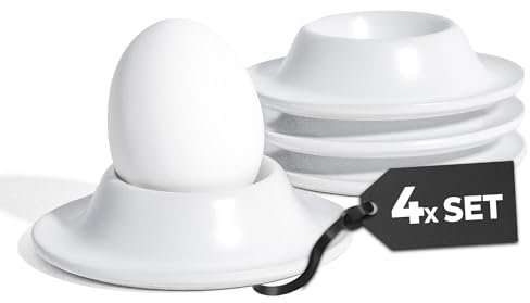 MIAMIO – Juego de 4 Hueveras de Cerámica, Soportes para Huevos de Gres con Bandeja para Cáscaras Calidad Restaurante – Aptas para Lavavajillas (Blanco)