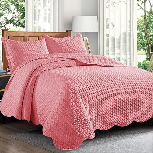 Trendy Realm Quilt Mono Bedspread 2 Pieces Set – Coverless Quilted Leaf Motif Bedspread, Comforter Throw, Summer and All-Season Lightweight Bedding Sets, with 1 Pillow Shams (Single, Pink)
