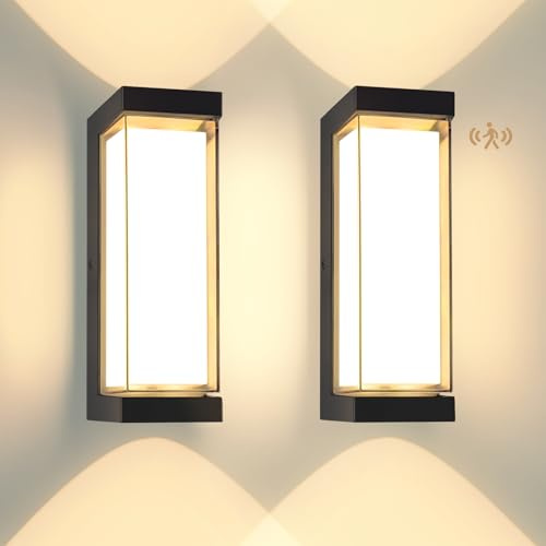 YindaLux 2-pack 24W LED-utomhuslampa med Rörelsedetektor, IP65 3000LM Vägglampa för Inomhus-/Utomhusbruk, 3000K Modern Vägglampa med Rörelsedetektor, Aluminiumvägglykta för Uteplats, Svart