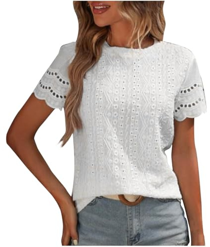 Hauts d'été tendance à œillets brodés à manches courtes col rond élégant décontracté tunique chemises adolescentes filles Y2K sorties, pull ample habillé, chemisiers streetwear, A001 Blanc, XXL