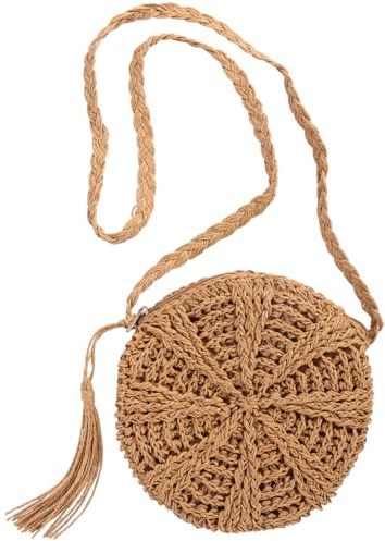 Bomiclss Straw Shoulder Bag for Women Beach Crossbody Tote with Zipper Handmade Round Woven Handle Bohemian Purse Summer Tassel Outdoor Travel Straw Handbag (khaki)