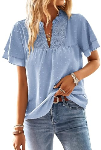 TUUHAW Camisetas Manga Corta Mujer Cuello en V Blusa Verano Elegante Top | Boho Túnica, Volantes Encaje, Casual Plisada Ropa, Boho Cómodo Camiseta, Suelto Dentella Tops, Plisada Color Sólido Holgadas