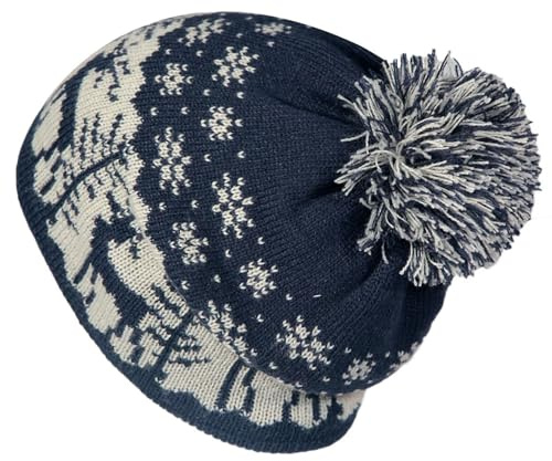Bonnet à pompon unisexe doublé en polaire avec pompon, sapin de Noël, flocon de neige, renne pour enfants, chapeau de ski, temps froid, sport, extérieur, bleu marine, Taille unique