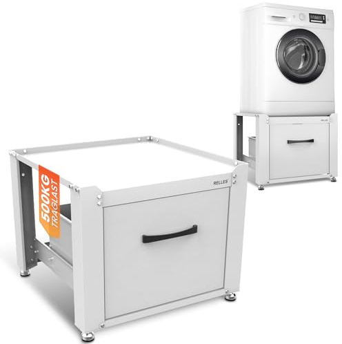RELLES Waschmaschinen Untergestell mit Schublade, 500 kg Tragkraft, Unterbau aus Stahl, 62x62x50,5 cm (LxBxH), Podest für Waschmaschine und Trockner, Unter Schrank Erhöhung, Höhenverstellbare Füße