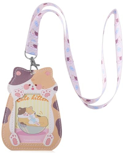 Ymapinc Kawaii katt ID-korthållare söt katt ID-fodral med band 3 tum PU läder kortfodral för män och kvinnor, present till kollegor eller för studier