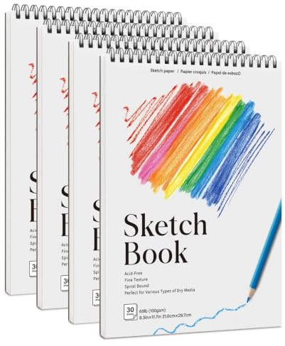 4 Pack A4 Sketch Books, 100gsm Spiral Bound Drawing Pads | Acid-Free Paper, 30 Sheets Each, Top Spiral, Flat-Lay Design, for Pencils, Charcoal & Crayons