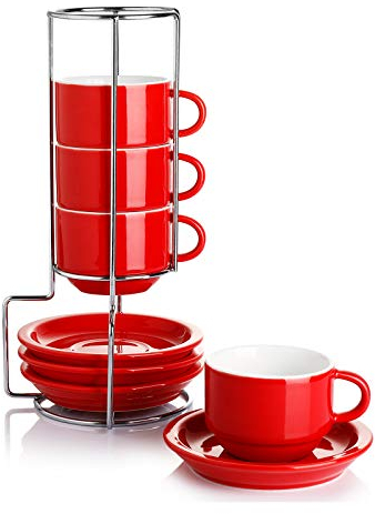 Sweese 2.5 Ounce Porcelain Stackable Espresso Cups with Saucers and Metal Stand Set of 4, Red