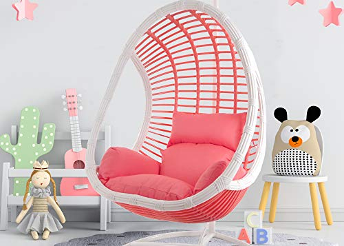 Kideo Komplettset: Pinker Hängesessel mit Gestell & Kissen, Poly-Rattan, Schaukel, Lounge weiß, Coral,
