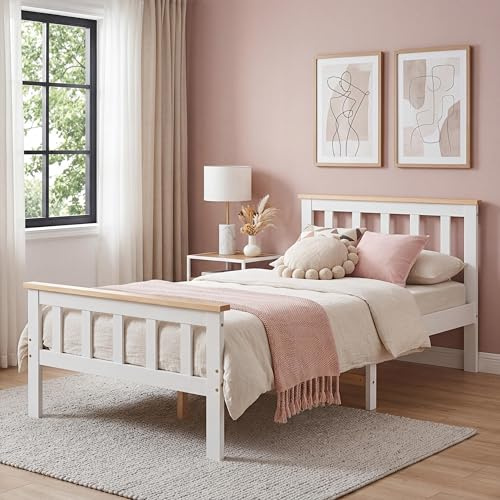 Panana Single Bed Frame, Solid Wood Bed Frame Standard 3ft Single Size Wooden for Bedroom (White+Wood)