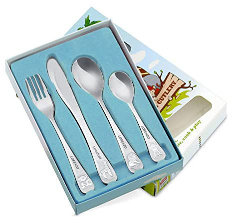 Maverton set di posate per bambini e bambine Animali - 4 pezzi con personalizzazione - acciaio inossidabile - servizio utensili bimbi con leone, giraffa, elefante e scimmietta - regalo di Natale