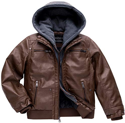 Boy's Faux Leather Jacket Windproof Warm Winter Coat Kids Bomber Outerwear Waterproof PU Motorcycle Jacket, Coffee Velvet Lined, 6-7