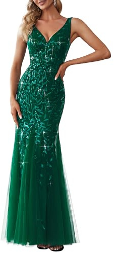 Ever-Pretty Women's Sequin Formal Dress Double V-Neck Sleeveless Mermaid Long Evening Prom Dresses Dark Green US4