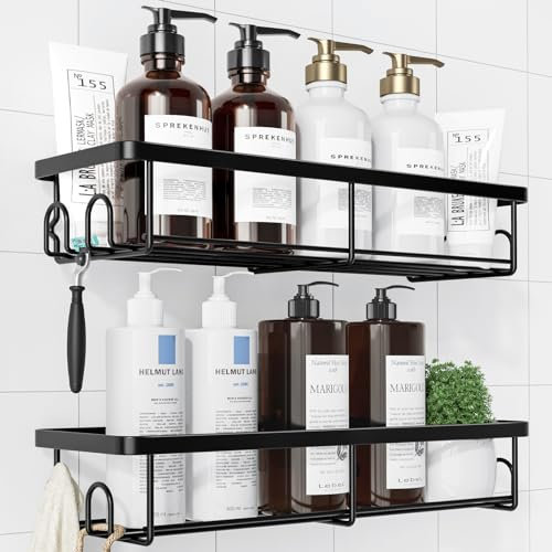 Kitsure 2 Pack Rustproof Shower Caddy - Minimalist Style Bathroom Shelves, Wall-Mounted Shower Shelf, Large Capacity&Durable Bathroom Accessory, Large, Black