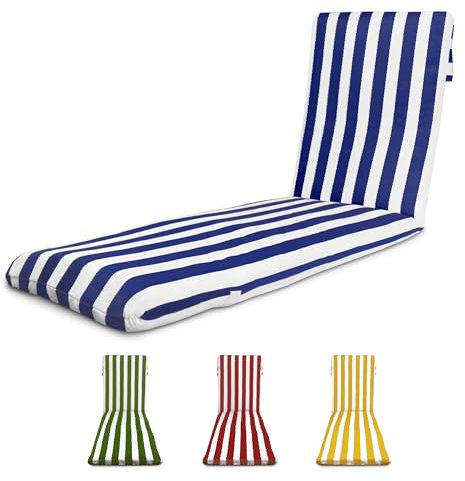 TIENDA EURASIA - Cojín para Tumbona de Jardín, Relleno de Fibra Acolchada, Funda de Tela Lavable con Cremallera, Medida 180x50x5 cm, Diseño de Rayas, Cintas y Capucha de Sujeción (Azul Marino)
