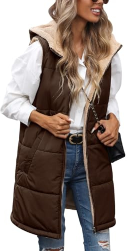 Tuopuda Chaleco Acolchado Mujer con Capucha Chaqueta de Larga Sin Mangas con Cremallera Cálidos Chaleco de Forro polar Invierno Outwear con Bolsillos