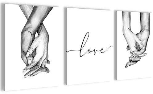 Novart Wandbilder Set Love Liebe - KOMPLETT AUFHÄNGFERTIG - Wohnzimmer Schlafzimmer Flur Deko - 3 Moderne Bilder Grau - N037335a