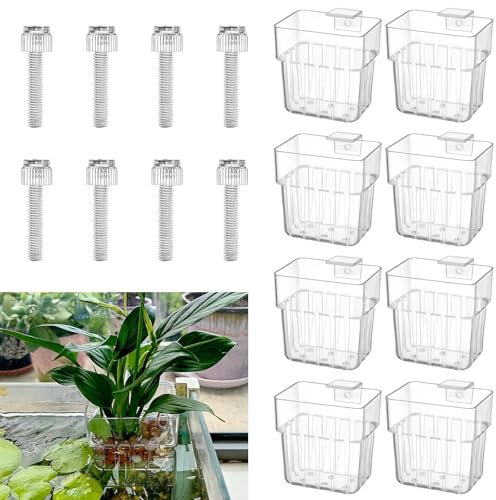 Wbgraceful Lot de 8 supports de plantes en acrylique transparent avec crochets – Idéal pour la culture de plantes aquaponiques, les pots de plantes d'aquarium, la décoration de paysage aquatique et la