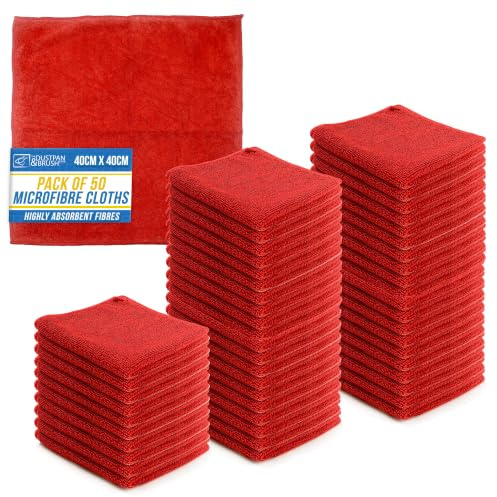 Microfiber Cleaning Cloth, Large Size 40x40cm, Super Absorbent Lint Free Microfibre Cloths Cleaning for Home, Kitchen, Surface, Mirrors, Bathrooms, Motorbike, Car (50, Red)