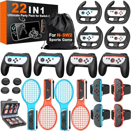 Switch 2 Sports Accessories Bundle – 22 in 1 Family Party Kit for Nintendo Switch 2 Only, with Tennis Rackets, Steering Wheels, Wrist Straps, Grips, Joystick Caps, Card Case & Storage Bag