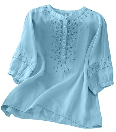 Summer Womens Large Size Cotton Linen Loose Tops Ladies T-Shirts Loose Sequin My Orders Embroidered Top for Women Floral Cotton Linen Tunic Tshirt Tee Women Essentials Tee Button Boho Ethnic