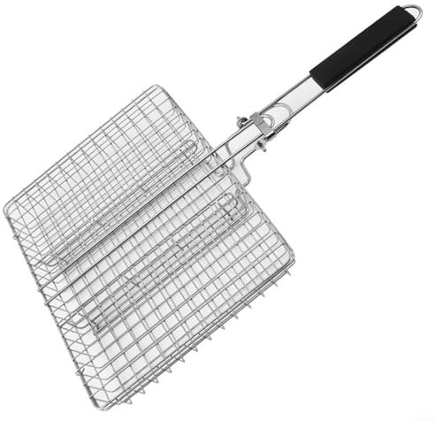 EpheyFIF Griglia pieghevole in acciaio inox con manico, griglia portatile per barbecue, pesce, carne, verdure, lavabile in lavastoviglie, grande capacità, 50,5 x 31 x 4 cm