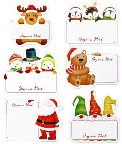 120Pcs Étiquette Autocollant “Joyeux Noël” Motif Père Noël Renne Bonhomme de Neige Sticker Auto-adhésif Décoration pour Emballage Sac Cadeau Carte Enveloppe