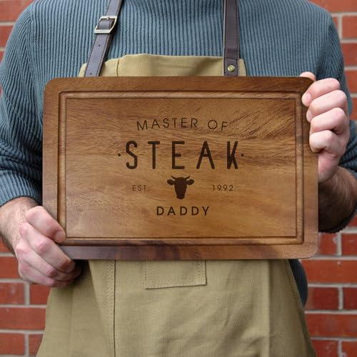 Personalised Master of Steak Cutting Board, Engraved Acacia Wood BBQ Board, Gift for Dad, Custom Grill Master Gift for Him