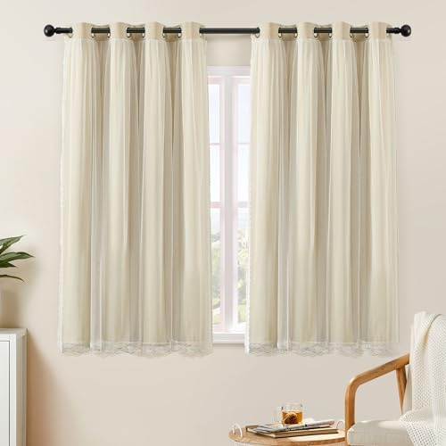 XiDi Blackout Curtains 54 Inch Drop Thermal Eyelet Window Treatment | 2 Panels Eyelet Thermal Sun Blocking Soundproof Beige Curtains for Living Room Double Layer Sheer Overlay Window Treatments