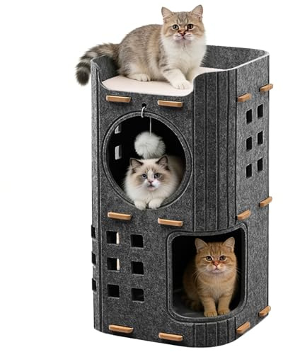 Cueva para gatos de fieltro, cama grande para gatos con tabla para rascar y pelota de juego, cueva para gatos pequeños de interior, protección de uñas de gato, cubo de gato interior, diseño cálido