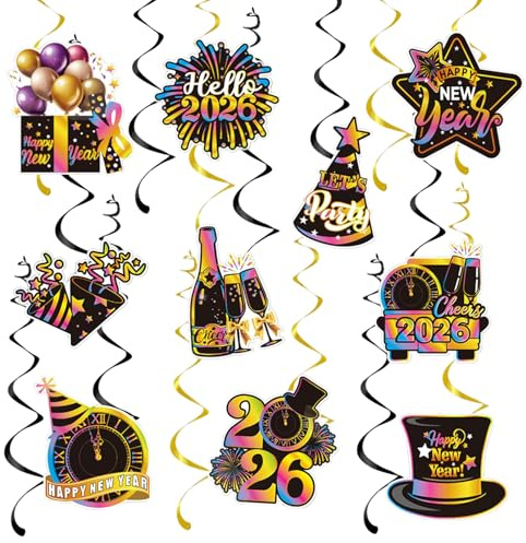 10 Pcs Happy New Year 2026 Hanging Swirls Streamers, New Years Eve Decorations 2026, Stars Clock Fireworks Theme Paper Accessories, Ceiling Decoration for New Year's Eve Party Supplies Accessories