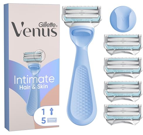 Gillette Venus Intimate Rasierer Damen, Hellblau - Damenrasierer für Den Intimbereich, Intimrasierer für Frauen, Nassrasierer, Inkl. 5 Rasierklingen, Handstück und Duschhalterung