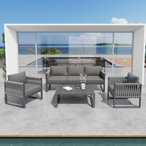 Wyibwy Juego de muebles de jardín, juego de sofá de patio exterior de 5 plazas, juego de salón de jardín con patas ajustables, cojines y estructura, juego de patio de acero inoxidable para balcón,gris