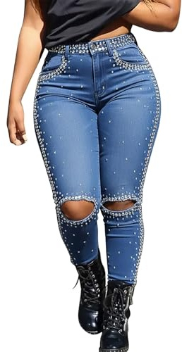 Strass jeans för kvinnor UK vintage rippade jeans skinny kvinnor retro stil trasiga byxor paljett denimbyxor Y2K streetwear byxor glitter cowgirls byxor slim fit glittrande byxor