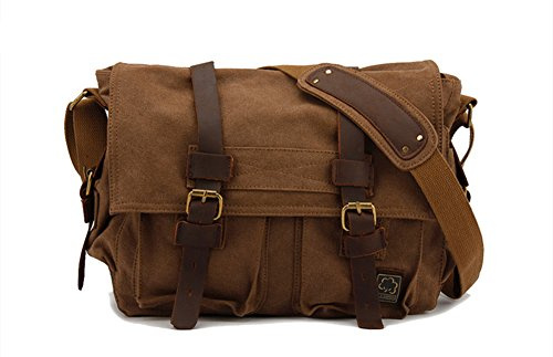 Sechunk Vintage Militär Leder Umhängetasche Canvas Laptop Tasche Retro Messenger Taschen (Kaffee, Large-17‘’)