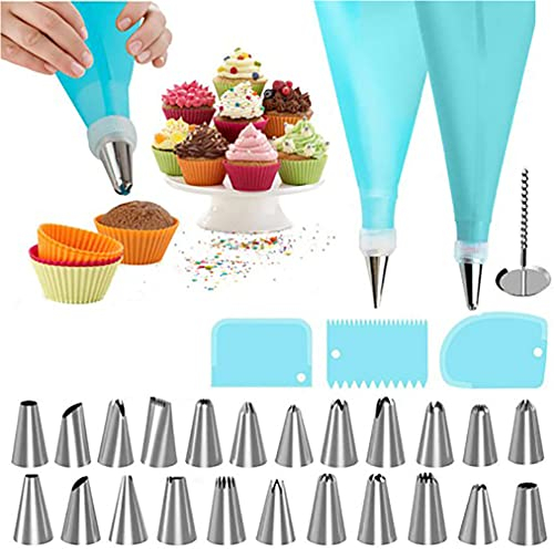 Retoo Lot de 33 Poches à Douille réutilisables avec 24 Douilles en Acier Inoxydable et 3 spatules à crème en Silicone pour décoration de gâteaux, Cupcakes, gâteaux, ustensiles de pâtisserie, Bleu