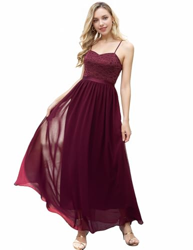 DRESSTELLS Abendkleider Damen Lang Festlich Kleider für Hochzeit Ballkleid Bodenlang Brautkleid Elegant Sommerkleider mit Träger Hochzeitsgastkleider Burgundy M