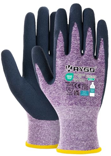 KAYGO Latexbelagda arbetshandskar för kvinnor som andas, 3 par återvunna trädgårdshandskar i polyester, miljövänliga säkerhetshandskar för gårdsarbetshandskar för damer, KGE19L (lila, Large)