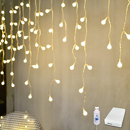 YOLIGHT Fairy Curtain Lights, USB/Battery Powered Ball Icicle Light 13ft 96 LED Globe String Hanging Lights for Bedroom Dorm Wedding Party Christmas Decoration (Warm White)