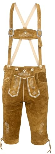 Bavarian Knee-Length Lederhosen for Men - Designed in Germany - Genuine Leather Pants with H-Style Suspenders, Color: Light Brown, US Size: 40