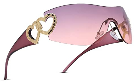 genkigold Lunettes de Soleil Y2K pour Femmes et Hommes: Lunettes de Soleil Tendance Oversize sans Monture avec Cœur, Protection Enveloppante, Cadeau Futuriste à la Mode, Y2K Rose