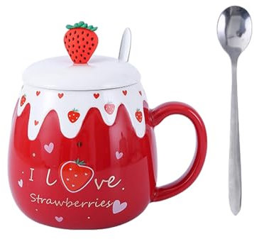 CAPIJIONG 450ml/15oz Strawberry Cute Ceramic Mug With Lid Couple Home Office Breakfast Coffee Milk Cup-Red Strawberry LOVE