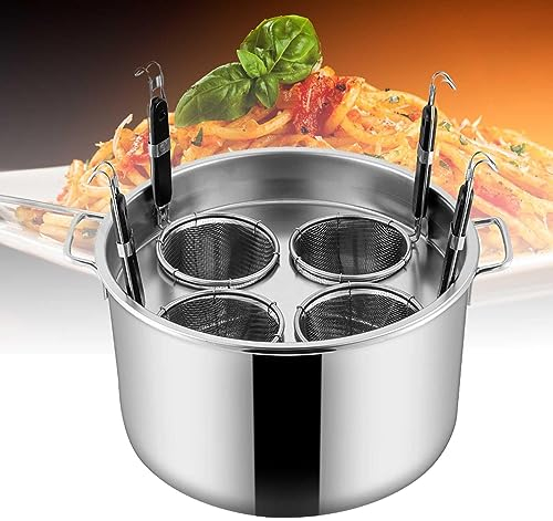 Olla de espaguetis de acero inoxidable con 4 insertos de tamiz, olla de fideos de 16.35 pulgadas para todos los tipos de estufas, opción multifuncional y fácil de cocinar