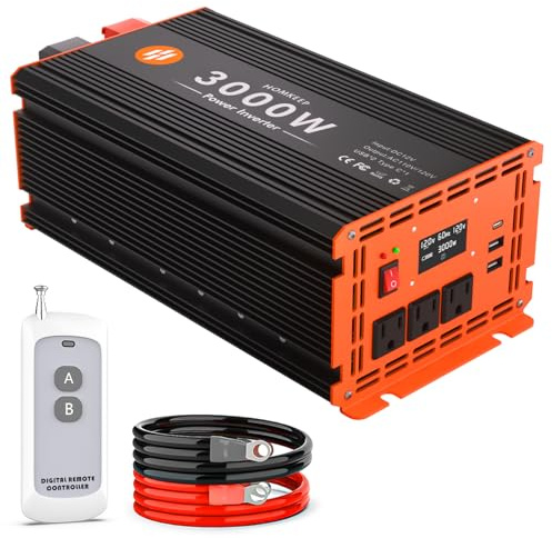 3000 Watt Power Inverter 12V DC to 110V/120V AC Converter Peak Power 6000W Car Inverter with LCD Display 3 AC Outlets, 2 USB & Type-C Port for RV,Truck,Off-Grid Solar System with Remote Controller