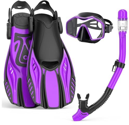 Snorkel Set Adults with Flippers,Snorkel Mask with Adjustable Swim Fins,Dry Snorkel,Panoramic View Swimming Goggles Snorkelling Packages,Snorkeling Gear for Snorkeling Scuba Diving Swimming Travel