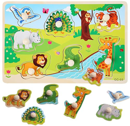 Dschungeltiere Holzpuzzle Baby Spielzeug, Greifpuzzle Holzspielzeug ab 3 Jahr, Bauernhoftiere Steckpuzzle Spielzeug, Jungen und Mädchen Geschenk
