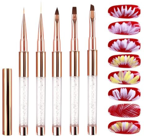 WeddHuis 5 piezas Pinceles para Gel y Acrílicas, Especialmente Diseñado para Polvo, Decoración Nail Art, Fino, Semipermanente, Línea/Plano/Redondo/Angular, Kolinsky, Uñas Acrigel (Oro Rosa)