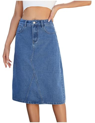 Mrat Gonna in denim con tasche per donna UK, tessuto elasticizzato, lavaggio medio, aderente, gonna a linea A, eleganti jeans bodycon per lavoro/ufficio, gonna al ginocchio da donna, gonna snellente