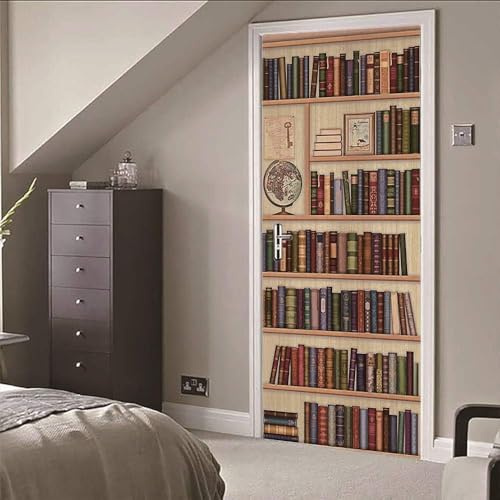 Adesivi per Porte 90x215cm Libreria Adesivo Porta Interna Semplicità 3D Pellicola Adesiva Carta da Parati Soggiorno Bagno Autoadesivo Porta Murale Decorazione