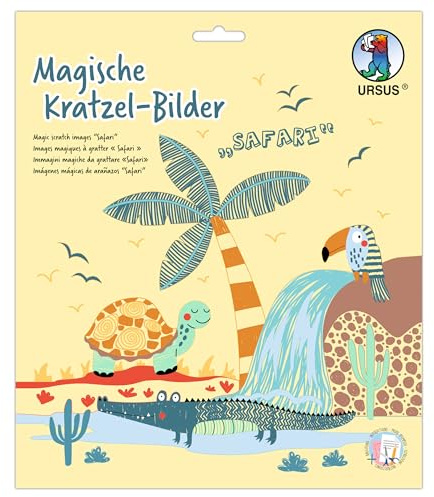Ursus 2456 00 02F Magic Scratch Pictures Safari, 4 Designs, 21 x 21 cm, with Bamboo Pen and Craft Instructions, DIY Set for Scratching, Creative Craft Set