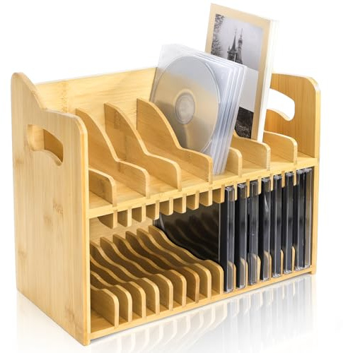Lyellfe CD Holder Rack, 2-tier Bamboo DVD Organizer with Carrying Handle Rubber Feet, Solid Cassette Display Book Shelf for Movie Cases Tape